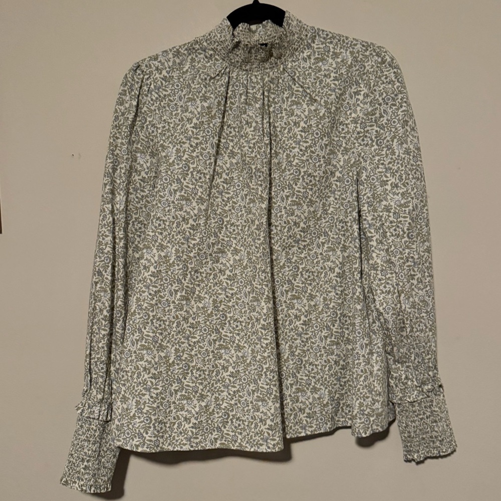 Tuckernuck Green and White Floral Smocked-Neck Blouse